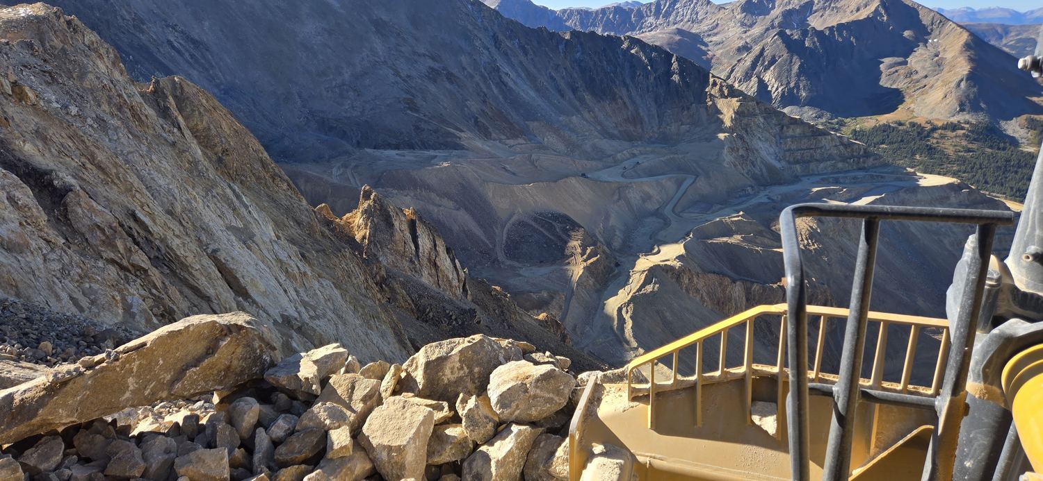 View from the rim into a large open pit mine.